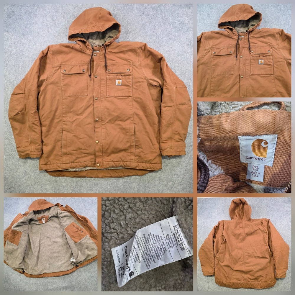 Carhartt Duck Bartlett‎ Jacket Mens 2XL Tall Brown Canvas Hooded Sherpa Lined